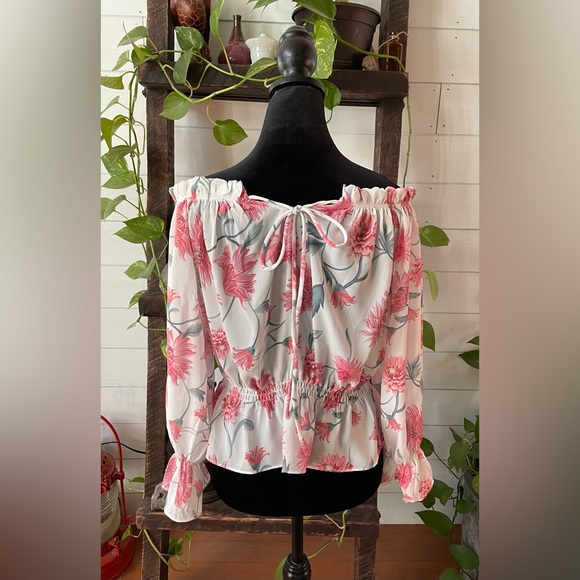 Peasant White and Pink Floral  On or Off The Shoulder Blouse - Picture 13 of 17